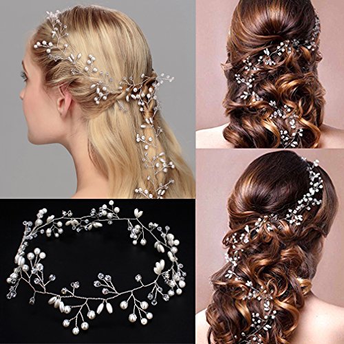 Jaciya Crystals Wedding Headband Bridal Headpieces for Bridesmaid and Flowergirls, 19.7 inches Hair Vine and Headpiece Pearls Silver Hair Accessories for Women and Girls (Silver)