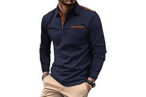 PEVOSU Mens Long Sleeve Polo Shirts Casual Cotton Polo T Shirt with Pocket Classic Button Collared Golf Shirt