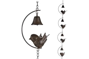Jemeni 5 Ft Length Metal Bird & Bell Rain Chain for Gutters, Brown Finish…