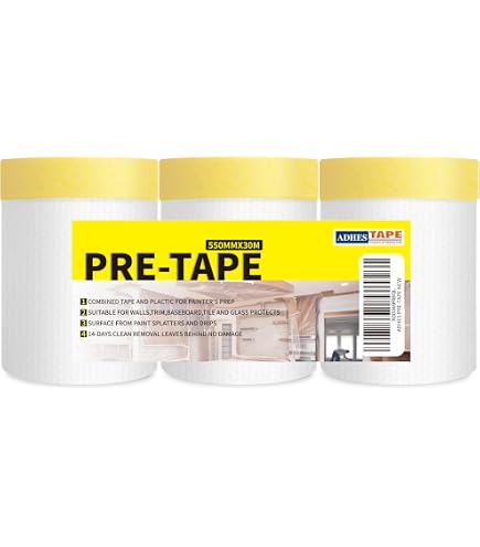 ADHES Pretaped Masking Film With Dispenser – 2700mm X 17m (106in X 55ft) – Paint Protection Drop Cloth For Automotive, Furniture, Floor Covering – Easy Masking For Painting Projects