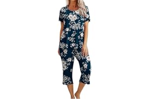 Kinrui Womens Pajamas Set Plus Size Capri Pants with Short Sleeves Shirt Cute Floral Sleepwear Casual Homewear Loungewear