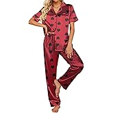 Ekouaer Silk Satin Pajamas Set Women Short Sleeve Sleepwear Soft Button Down Loungewear Pjs Set