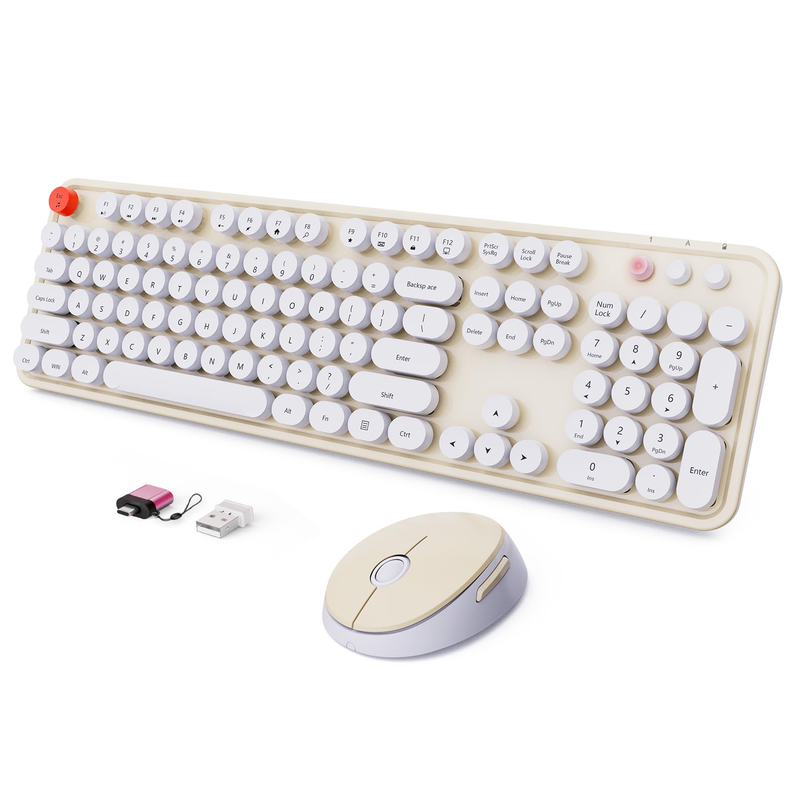 Photo 1 of Wireless Keyboard and Mouse Combo, Ergonomic Full Size Typewriter Retro Round Keycaps Keyboard, Compatible with Windows, PC, Perfer for Home and Office Keyboards (Beige