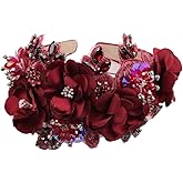 Florate Big Chunky Flower Headband Crystal Bead Handmade Wide Jeweled Hairband Hairwear Accessories Festival Rhinestone Hair Band (wine red)