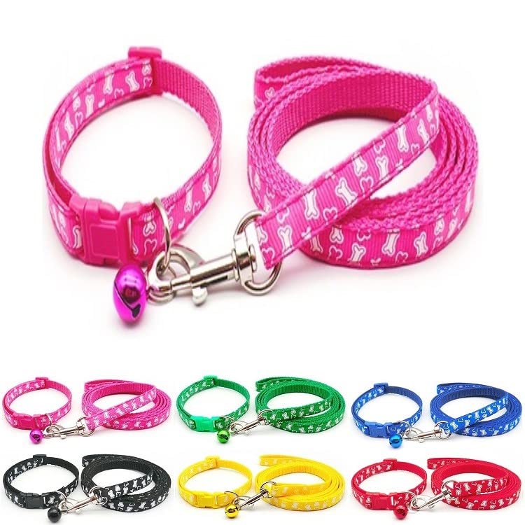 Small Dog Puppy Pet Collar and Lead Set White Bone Design Nylon Adjustable Size 19-32cm Collar with Bell and 120cm Leash Pink