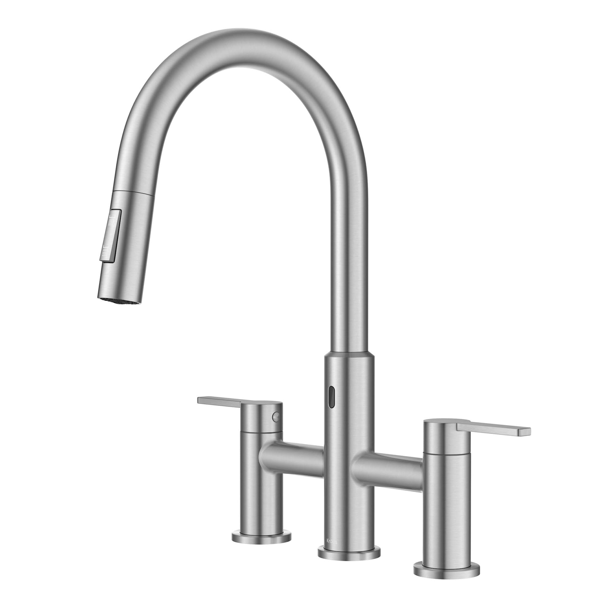 KRAUS Oletto Touchless Sensor Bridge Kitchen Faucet with Pull-Down Sprayhead in Spot-Free Stainless Steel, KSF-3122SFS Image