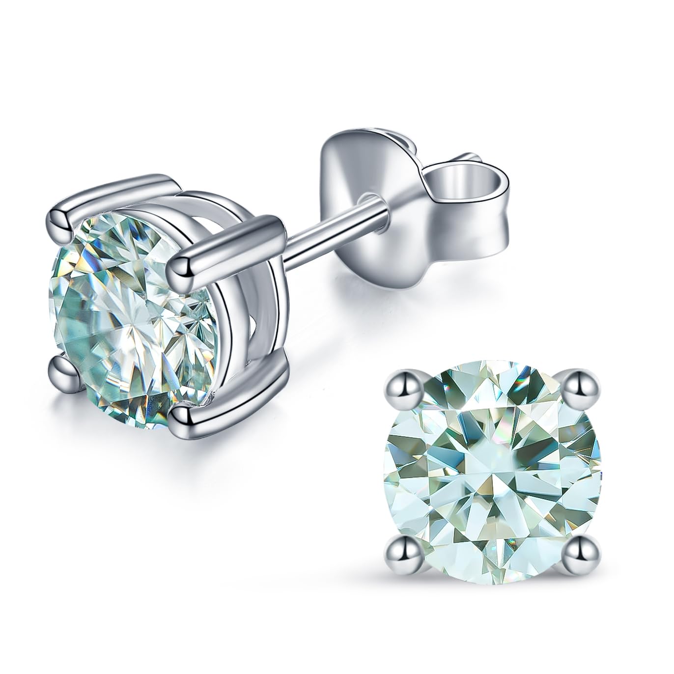 YODEWA Moissanite Stud Earrings for Women 925 Sterling Silver Hypoallergenic Butterfly Back 1 Pair DEF Color Lab Created Brilliant Round Moissanite Earrings (Blue 2CT) Image