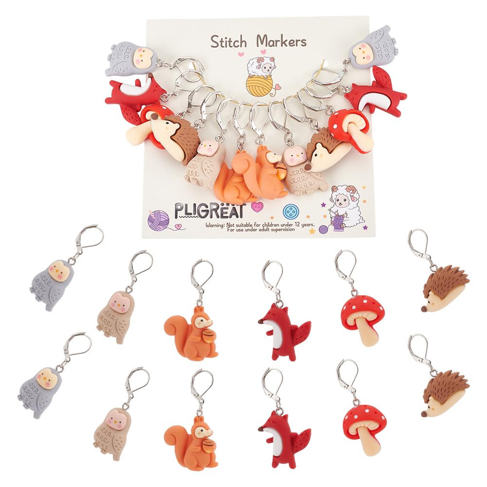 PLIGREAT 12 Pcs Squirrel Owls Mushroom Stitch Markers, Resin Crochet Stitch Marker Charms Knitting Locking Stitch Marker with Lobster Claw Clasps for Weaving Sewing Quilting Jewelry Making Accessories