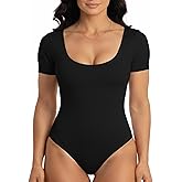 XFit Women's Short Sleeve Thong Bodysuit, Stretchy Scoop Neck T-Shirt Style, Basic Body Suit Top