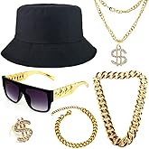 Gionforsy Hip Hop Costume Kit 80s 90s Rapper Accessories Bucket Hat Sunglasses Gold Chain Bracelet Ring