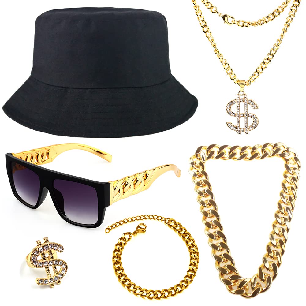 Photo 1 of ***Missing 3 of the 6 items*** Hip Hop Costume Kit 80s 90s Rapper Accessories Bucket Hat Sunglasses Gold Chain Bracelet Ring