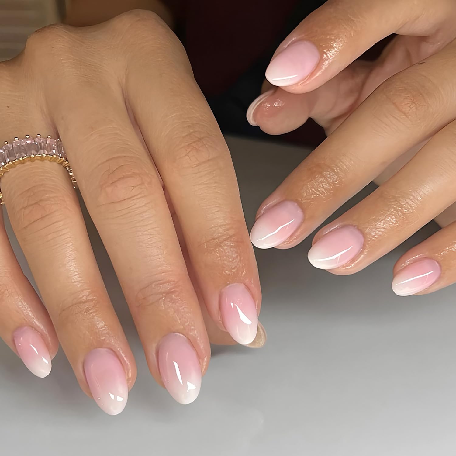 Photo 1 of 32Pcs Ombre Press on Nails Short Almond Fake Nails Glossy Natural Nails Press on Gradient Pink Acrylic Nails Full Cover Artificial Nails Reusable Oval Shape Stick on Nails for Women Manicure Art