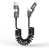 AGVEE 3ft 4-in-1 Coiled Multi USB C Charging Cable, Secure-Slide No-Loss Adapters, Slim Tips Fit Thick Cases, Lightning End Reinforced, PD 60W for iPhone Carplay, Samsung, iPad, Black