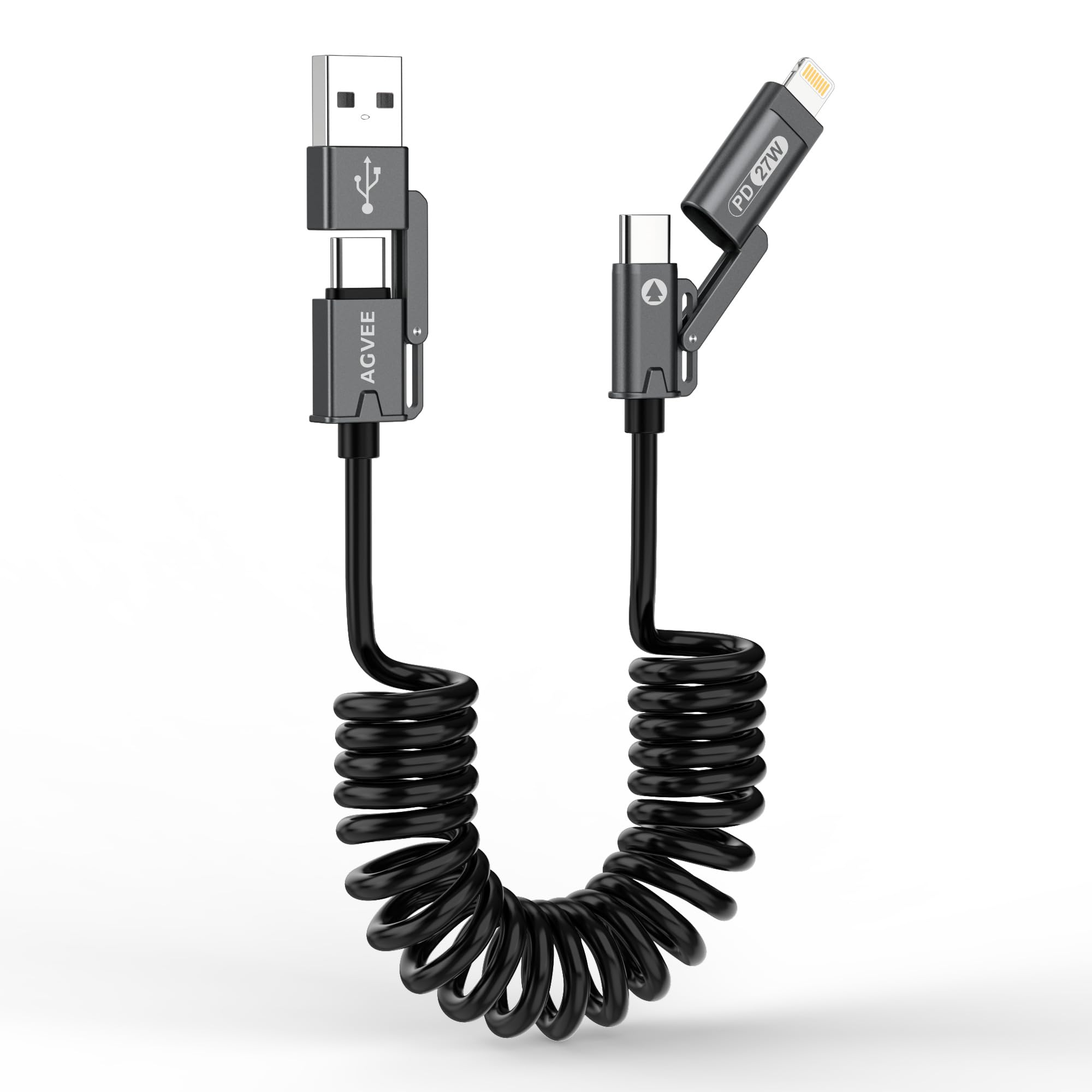 Photo 1 of AGVEE 1.5ft 4-in-1 Coiled Multi USB C Charging Cable, Secure-Slide No-Loss Adapters, Slim Tips Fit Thick Cases, Lightning End Reinforced, PD 60W for iPhone Carplay, Samsung, iPad, Black