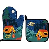 Qeheb Camper Camping Gifts Oven Mitts and Pot Holders Sets, Happy Camper Oven Mitts, Rv Camp Cooking Over Mittens for Kitchen Decor