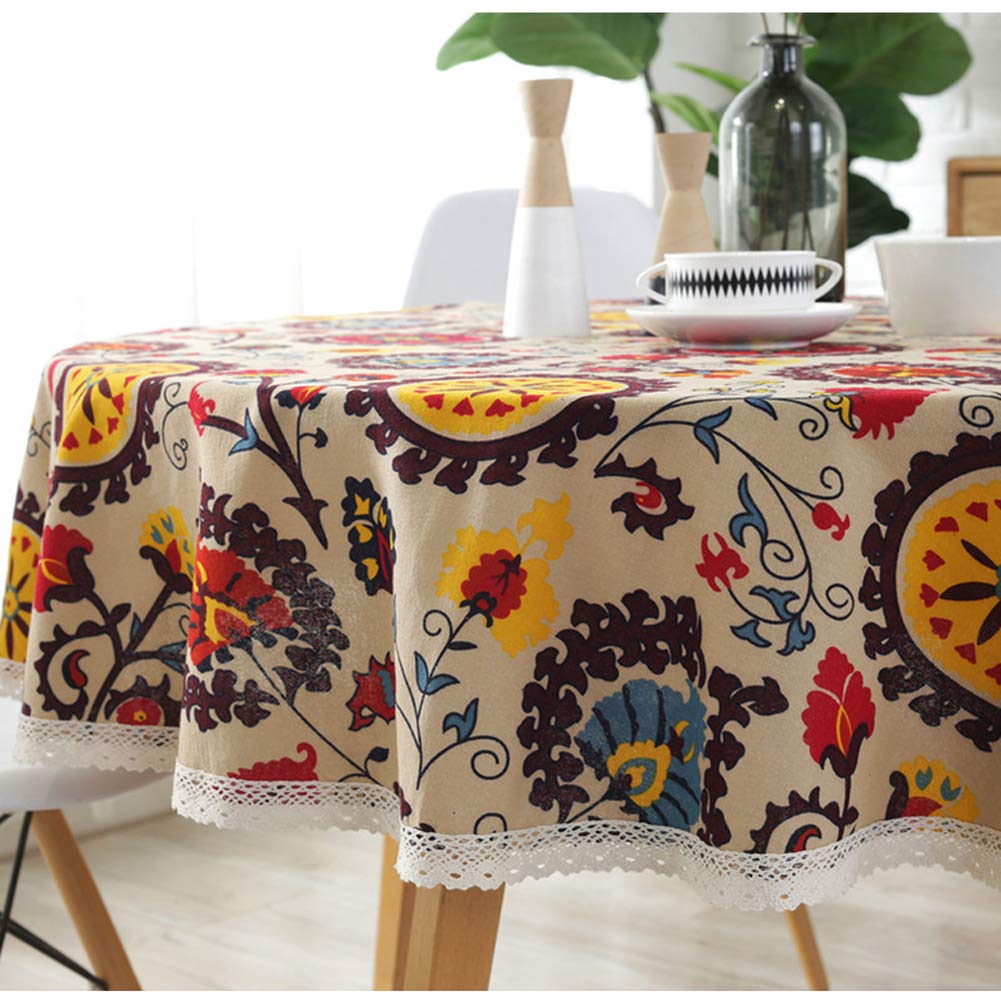 Bringsine Vintage Sunflower Pattern Decorative Macrame Lace Tablecloth Heavy Weight Cotton Linen Fabric Decorative Table Top Cover (Round, 60 Inch, Sunflower)