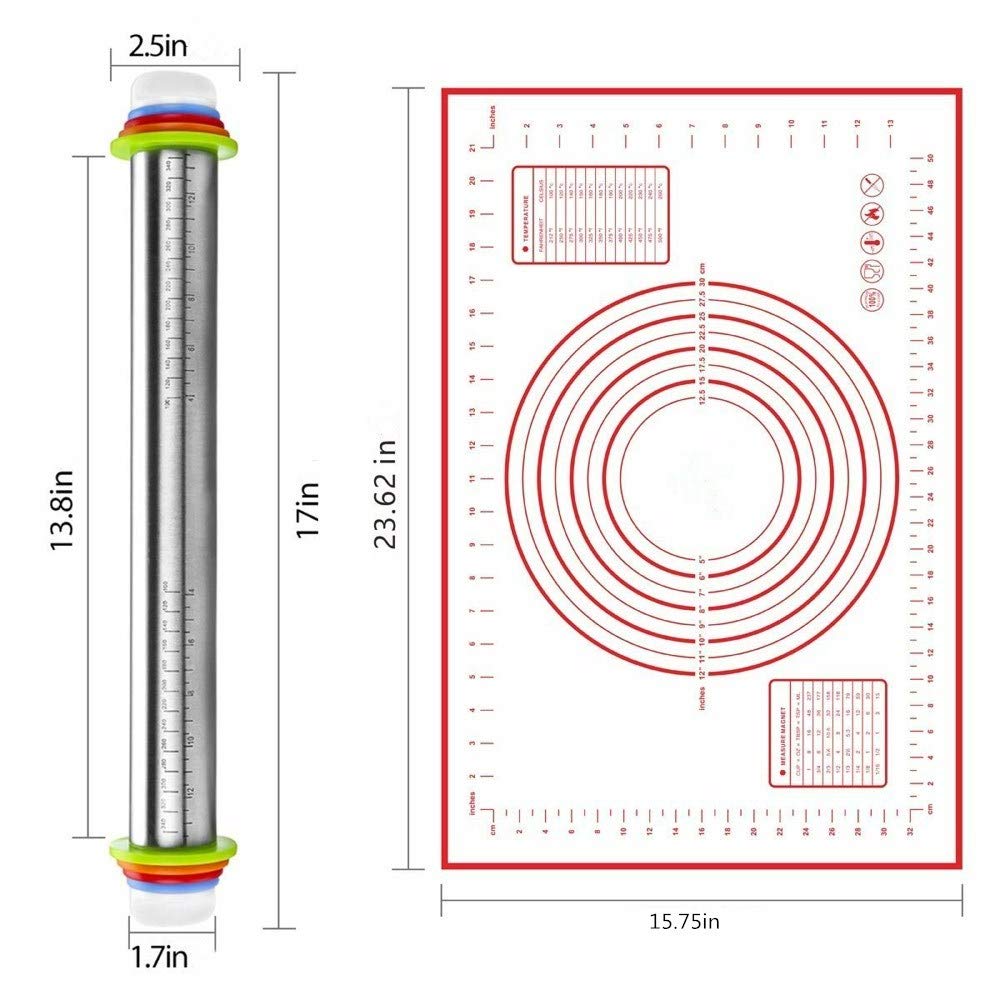 Rolling Pin nonstick and Silicone Baking Pastry Mat combo kit, Adjustable Rolling Pin With Thickness Rings for Baking Fondant, Pizza, Pie, Pastry, Pasta, Dough, Cookies (red)