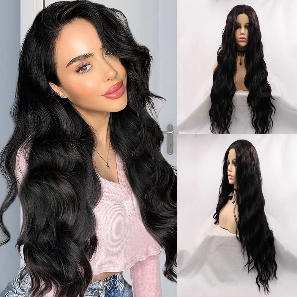 xiweiya 2# Black Wig Long Loose Wavy Natural Balck Lace Front Wig Long Curly Syntheitc Black Wig Natural Hairline Heat Resistant Fiber Hair Replacement for drag queen Women 26inch — image 1