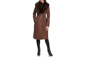 Kenneth Cole Womens Knee Length Faux Leather Belted Moto Jacket With Fur Collar