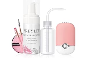 BREYLEE 100 ml Lash Shampoo for Lash Extensions, Lash Fan Dryer+Rinse Bottle+Brushes+Cotton Puff, Eyelash Extension Cleanser, Lash Bath Wash Soap Foam Cleaner for Salon and Home Use
