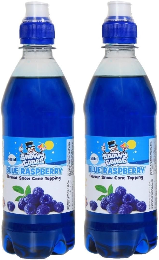 Snowycones Snow Cone Flavour Syrup Not Slush Blue Raspberry and Blue Bubblegum Twin Pack 500 ml with 25 Free Straws Spoons for Home Slush Maker, Crushed ice, Parties, Like Slush Puppy, SLURPEE.