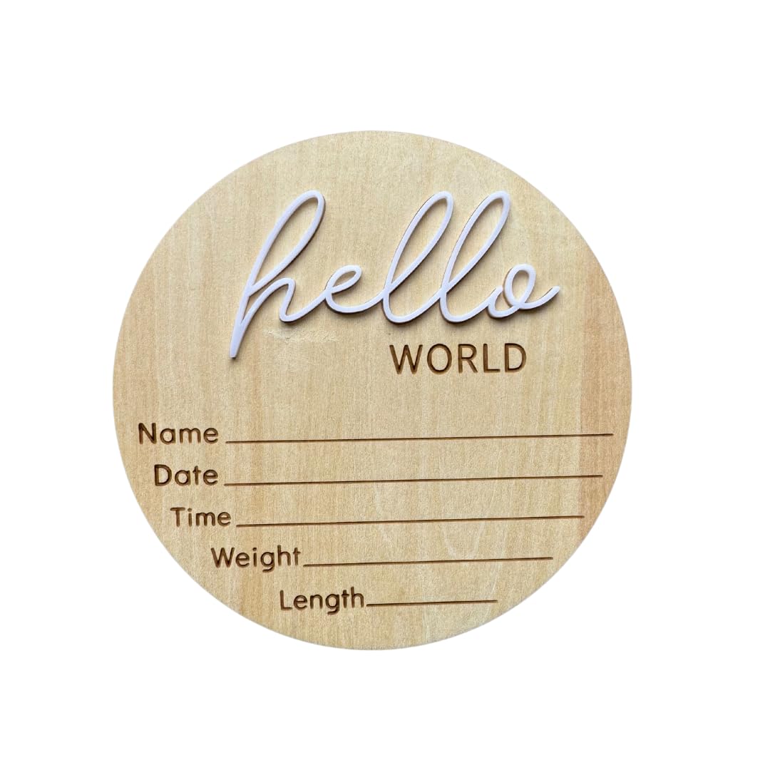Baby J's - Large Hello World, Birth Announcement Wooden and Acrylic Disk - Perfect Baby Shower or Newborn Gift - Can be Used as Flat Lays or Kept as a Keepsake - 15cm