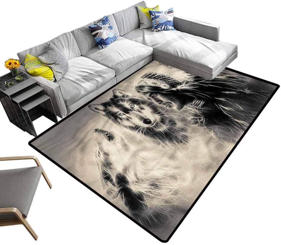 Native American, Area Rug Warrior Two Wolves Anti-Static Area RugsRug for Bedroom Sofa Bedside Decor, 4'x 4'