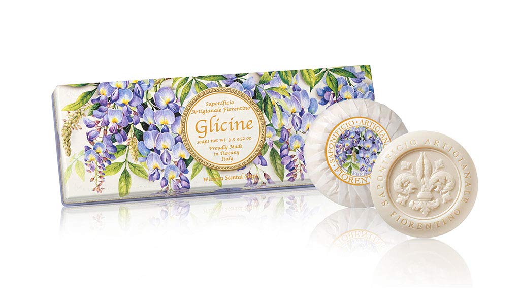 Glicine, gift box of Wisteria scented soap, round soaps sculpted with lily, pleated wrapping and label, 3 x 3.52 oz