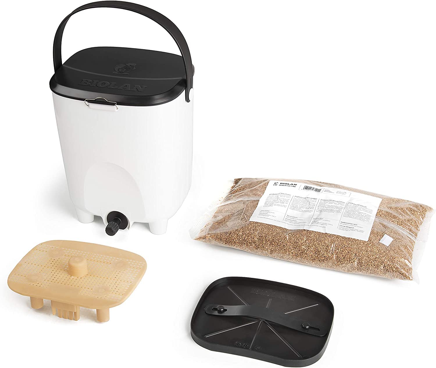 Biolan Bokashi Composting Set – Durable Compost Bin (10l) with Airtight Lid, Leak-Free Tap, made Plastic, Contains EM-Bokashi Bran (1 kg). (White)