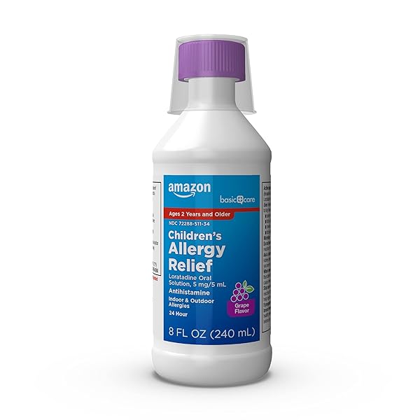 AMAZON BASIC CARE CHILDREN’S ALLERGY MEDICINE, 24 HOUR LORATADINE ORAL SOLUTION 5 MG/5 ML, NON-DROWSY ANTIHISTAMINE, GRAPE FLAVOR, AGES 2 AND OLDER, 8 FLUID OUNCES