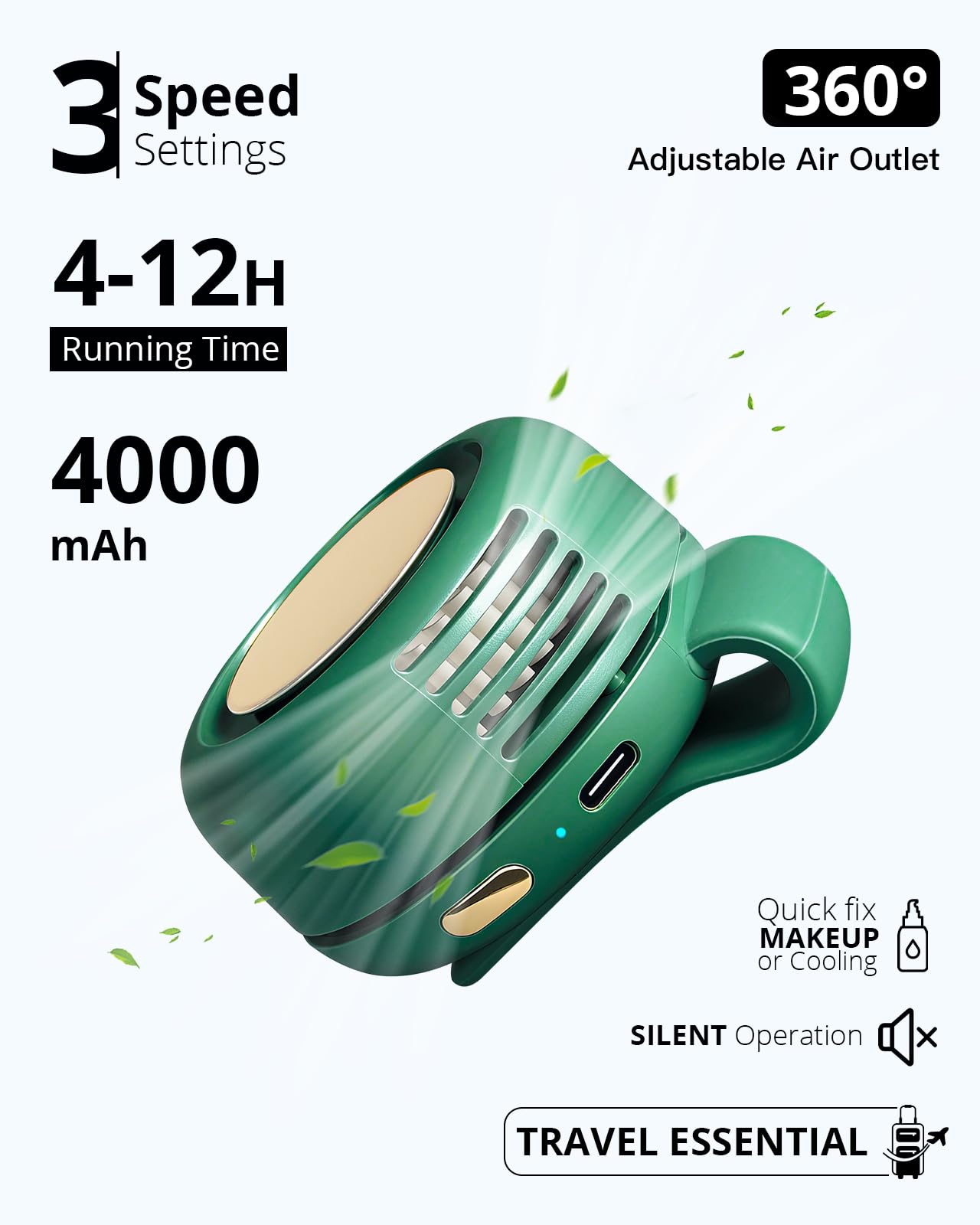 Portable Silent Mini Bladeless Fan Clip On, 3 Speeds & Queit, Hands Free Shirt and Waist Clips Whirlwind Fans, USB Rechargeable, Suitable for Outdoor & Travel & Office (green)