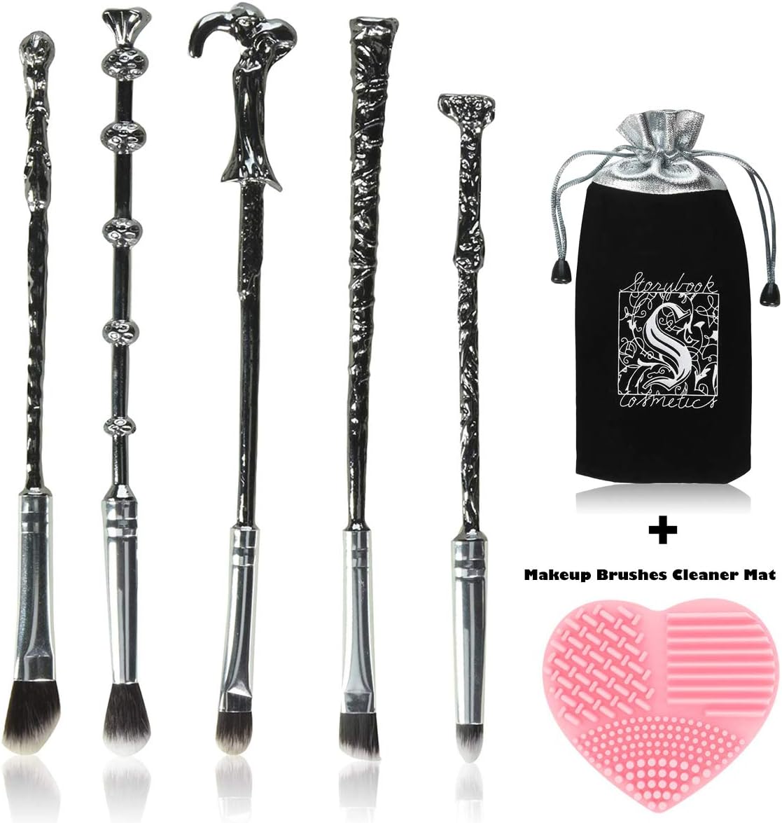 Makeup Brushes Set,5 Pcs Wizard Wand Potter Professional Magic Cosmetic Brush Soft Face Eye Shadow Eyeliner Blending Powder Foundation Lip Brushes with Gift Bag and Cleaner Mat for Women Silver