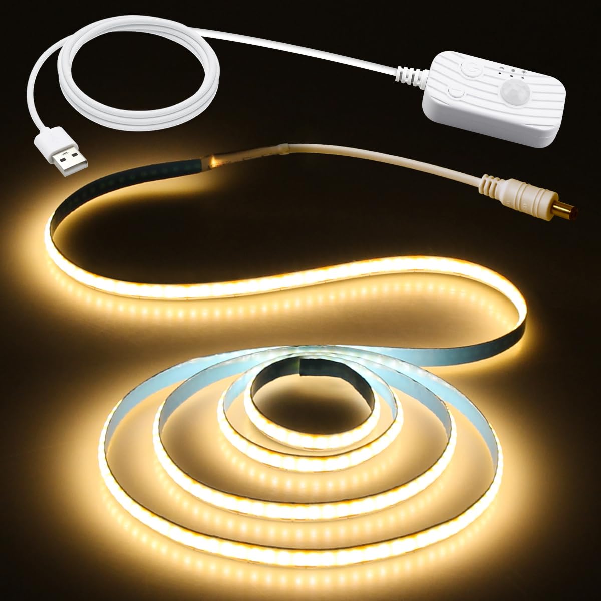 Aclorol COB LED Strip Motion Sensor 5V USB Powered 1M Warm White 3000K Dimmable Movement Activated Auto ON/Off LED Tape With 1.5M Long USB Cable Dotless 320Leds for Stairs Under Bed Cabinet TV Monitor