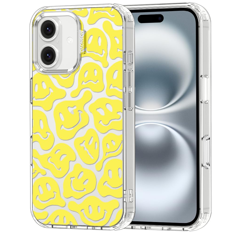 MOSNOVO Case for iPhone 16, [Buffertech 6.6ft Military-Grade Drop Protection] [Anti Peel Off Tech] Clear TPU Bumper Phone Case Cover Design - Melted Yellow Smiles Face