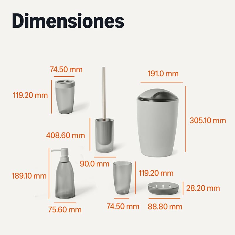 Juego de Accesorios de Baño con Soporte para Cepillos de Dientes, Dispensador de Jabón, Jabonera, Vaso, Papelera, Escobilla y Soporte, Gris