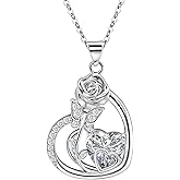 Ruthes Sterling Silver Heart Rose Flower Necklace for Women Shiny Big Cz Butterfly Pendant Necklace Elegant Rose Promise Necklace Jewelry for Mom Wife Wedding Mother's Day Anniversary Birthday Gifts