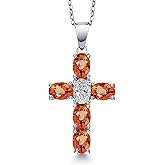 Gem Stone King 925 Sterling Silver Orange Sapphire and Lab Grown Diamond Cross Pendant Necklace for Women | 3.15 Cttw | Gemstone September Birthstone | Oval 6X4MM | With 18 Inch Chain