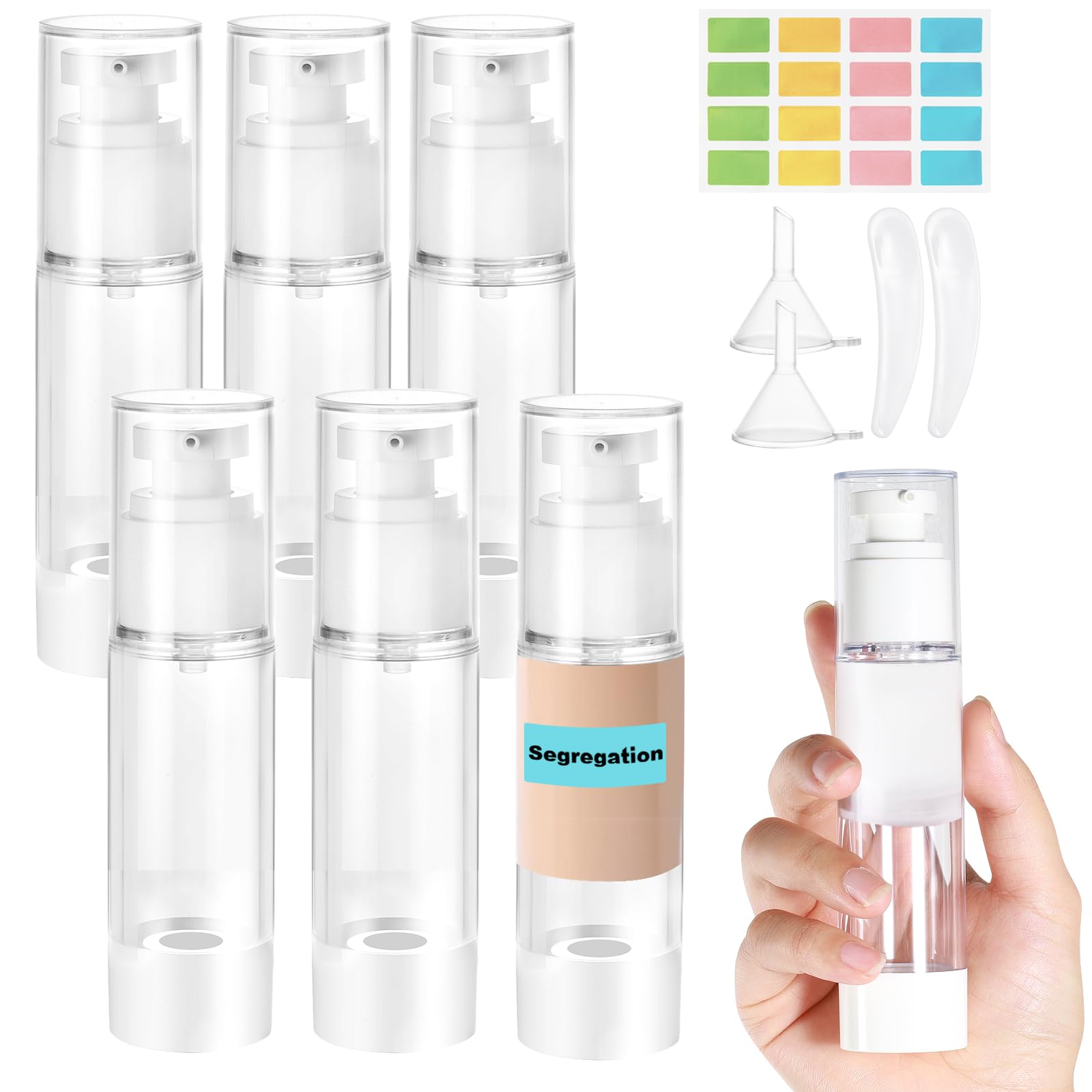 Furuising 6Pcs 50ml Airless Pump Bottle, Mini Empty Travel Pump Bottles, Refillable Clear Lotion Pump Containers with 5ml Syringe and Stickers for Foundation, Essence, Cream, Toiletries