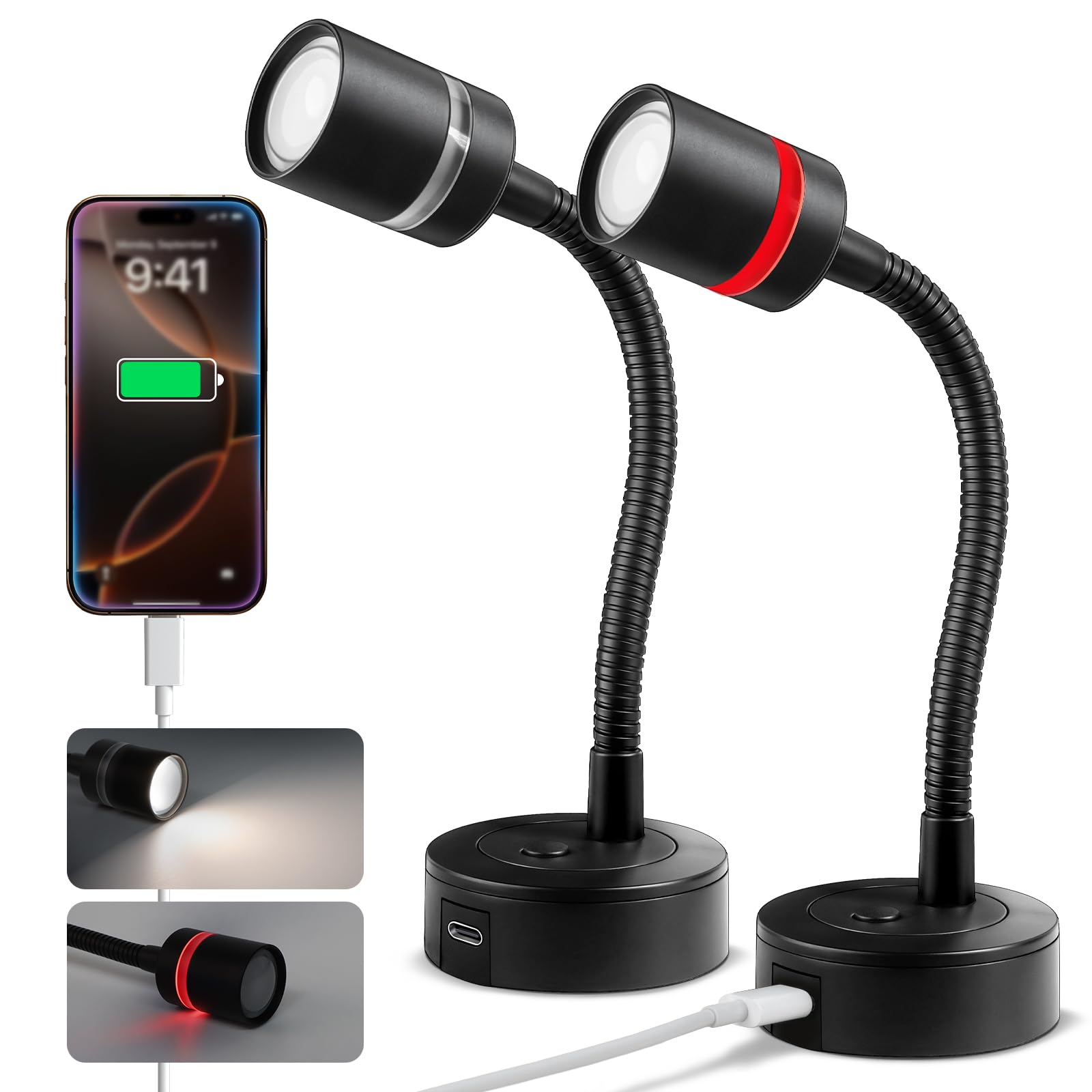 Photo 1 of acegoo 12V LED Reading Light, RV Dimmable Reading Lamp with 20W USB-C Charger Red Nightlight & Steel Flexible Neck Light for Boat Camper Van Trailer Interior, Surface Mount, 2-Pack (Standard)