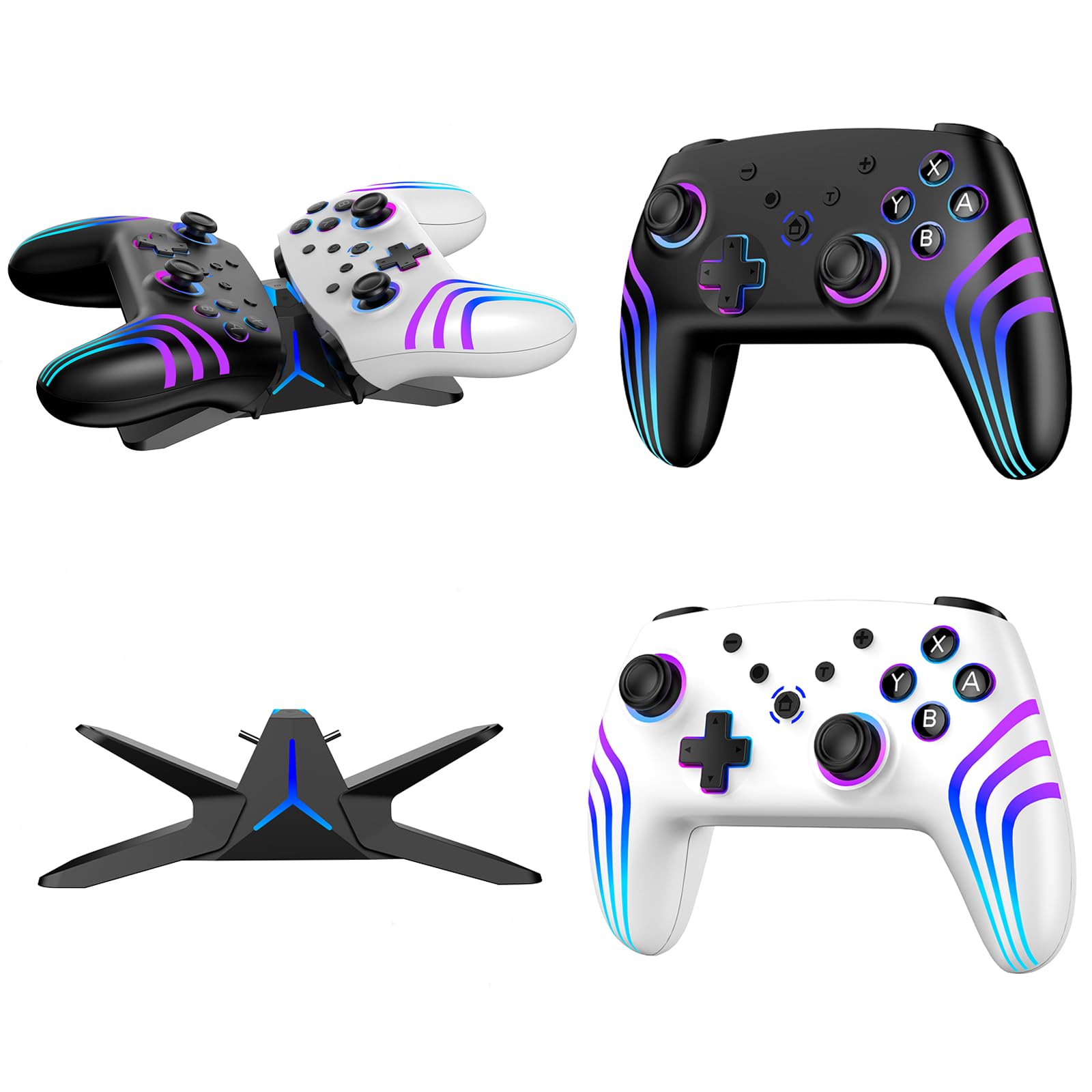 VidPPluing 2 Pack Switch Controllers with Charging Dock, RGB Switch 2 Controller for Nintendo Switch 1/2/Lite/OLED, Wireless Pro Controller with Motion Sensor/Vibration/Turbo/Wakeup Function