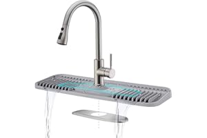 KINGMALL 2nd Generation Silicone Faucet Mat, Kitchen Silicone Faucet Drip Catcher with Cuttable Circular Central for Kitchen Sink, Tailor-Made for Faucets with Deck Plate【Light Grey】