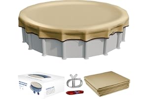 JTW P JTW PRODUCT [Upgraded] 18ft/21ft/24ft/28ft Round Winter Pool Covers for Above Ground Pool Cover 24FT Cover 4FT Overlap - 500D Windproof with Steel Cable & Heavy Duty Winch - Swimming Pool Winter Cover Beige