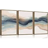 KISSFOX 3 Piece Framed Wall Art Abstract Wall Decor Watercolor Blue Pictures Modern Minimalist Canvas Art Large Wave Paintings Artwork for Living Room Bedroom Office