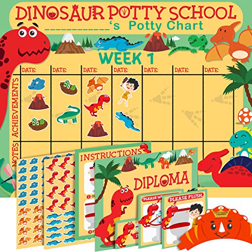 Potty Training Chart for Toddlers - Dinosaur Theme - Sticker Chart - Celebratory Diploma, Crown and Book - 4 Week Potty Chart for Boys and Girls - Potty Training Sticker Chart