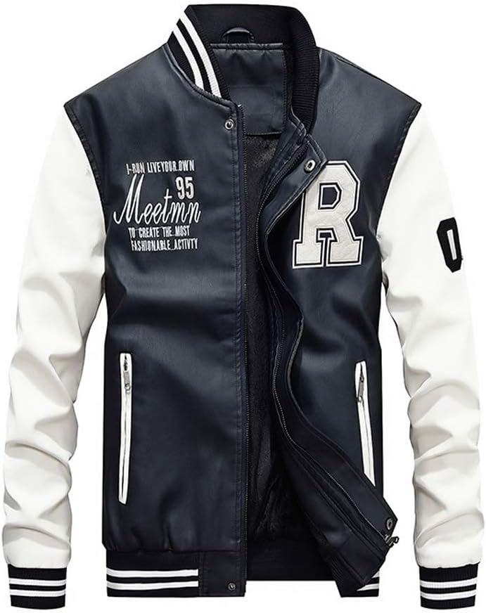 KJHSDNN Men's Baseball Varsity Jacket PU Leather Waterproof Casual Flight Bomber Coat