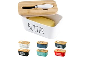 Hasense Porcelain Butter Dish with Bamboo Lid - Covered Butter Dish with Butter Knife for Countertop, Airtight Butter Container with Cover Perfect for East West Coast Butter, White
