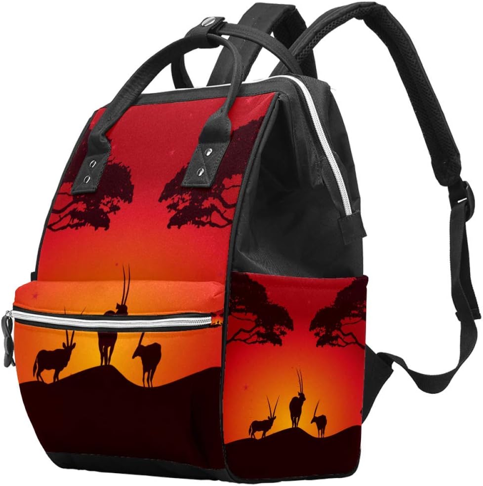 Multi-Function Large Baby Diaper Bag Backpack,African Animal Oryx Landscape Sunset Pattern,Nappy Bag Travel Back Pack for Mom and Dad