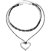 ZDPIQ Layered Silver Heart Pendant Choker Necklace for Women Fashion Black Lace PU Leather Rope Chain Choker Necklaces Trendy Statement Jewelry