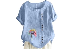 YAWOTS Short Sleeve T Shirts for Women Summer Fall Crewneck Linen Daisy Floral Loose Fit Long Tops T Shirt Women 2024