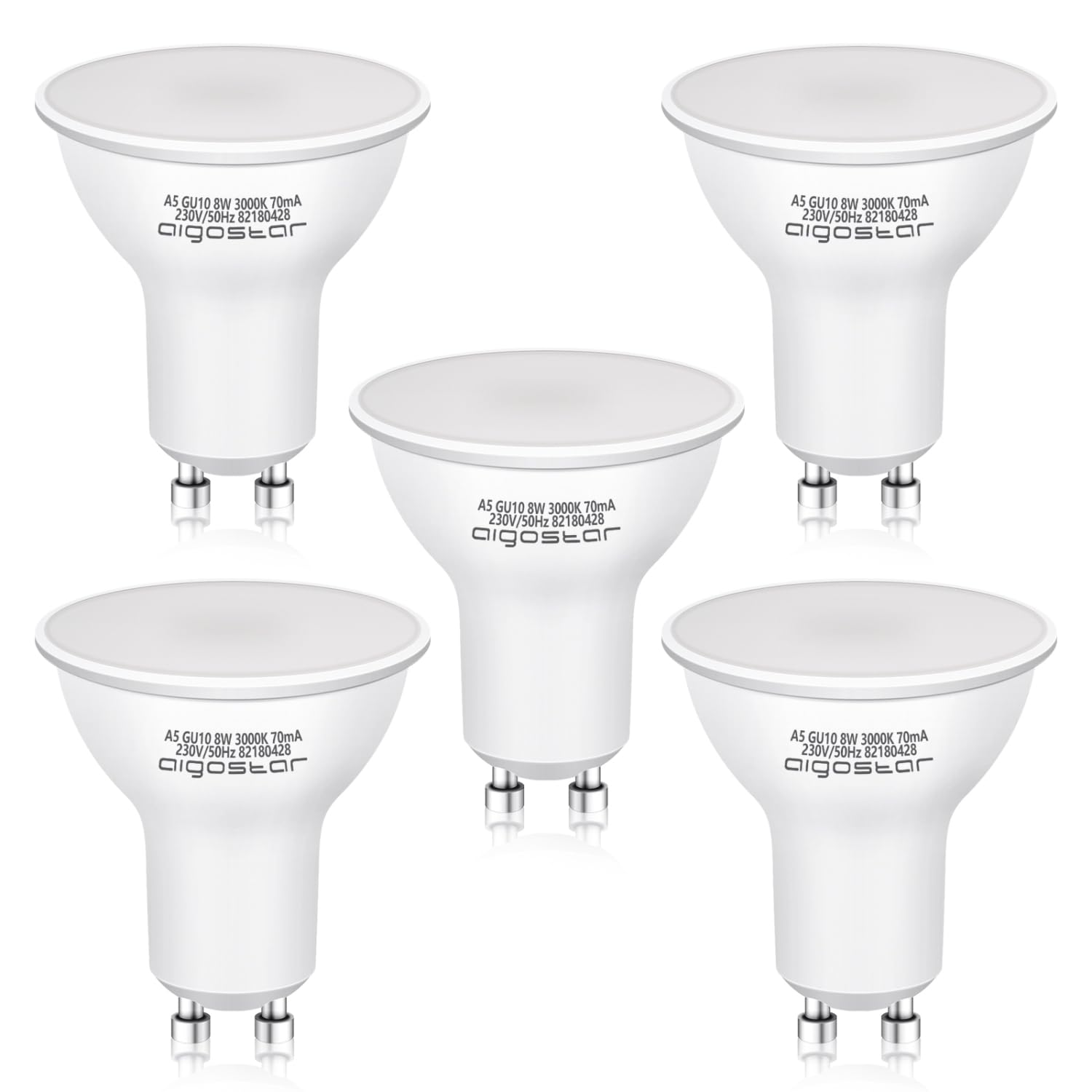 Aigostar GU10 LED Bulbs Warm White, GU10 8W LED Bulbs, 100°Wide Beam Angle Gu10 Spotlight Bulb, 640LM Super Bright, Warm White 3000K 5 Pack